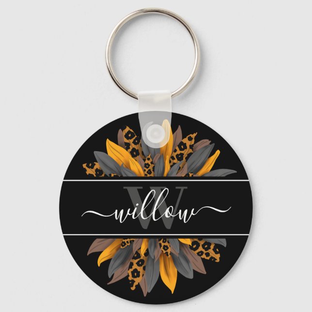 Black Leopard Spots Sunflower Name Monogram Keychain (Front)