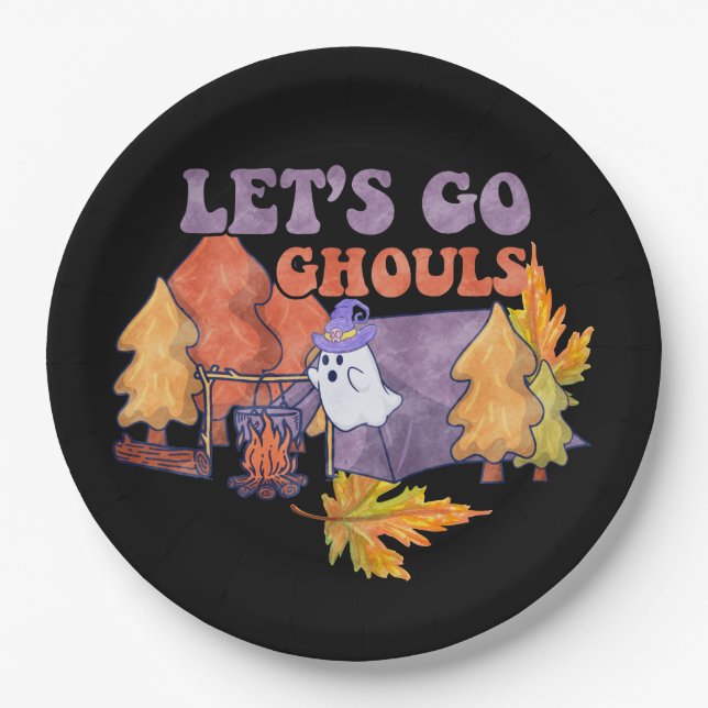 Black Let's Go Ghouls Fall Pumpkin Halloween Paper Plates (Front)