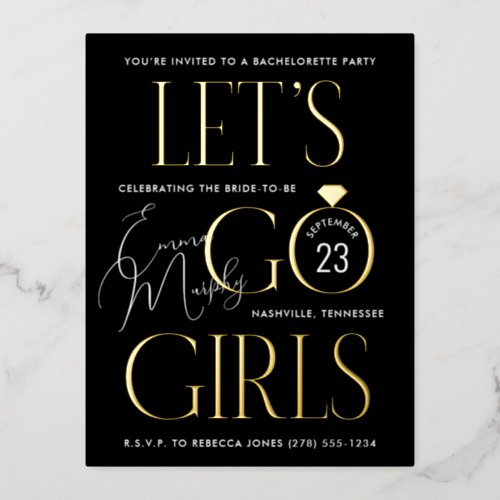 Black Lets Go Girls Bachelorette Party Foil Invitation Postcard