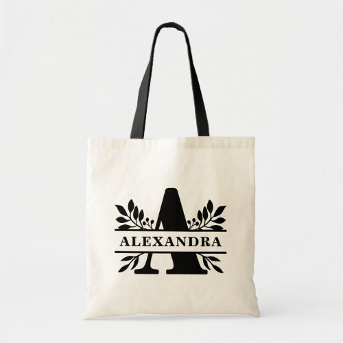 Black Letter A Foliage Split Monogram Bridesmaid Tote Bag