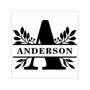 Black Letter A Leaves Split Monogram Self-inking Stamp