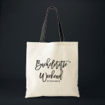 Black Lettering Bachelorette Weekend Personalized Tote Bag<br><div class="desc">Customizable bachelorette party tote bag. Modern and classic tote bag featuring black "Bachelorette Weekend" hand lettering script. Personalize by adding the receiver's name,  the hashtag of the wedding or other details. Perfect as a gift for your wedding party or bridal party.</div>