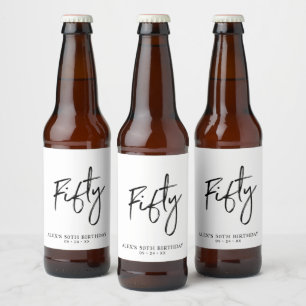 Black Lettering Fifty   50th Birthday Party Beer Beer Bottle Label