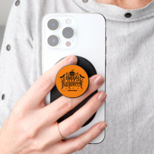 Black Lettering of Happy Halloween with pumpkin PopSocket