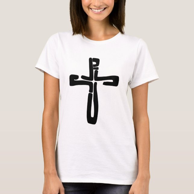 black letters of Jesus on the Cross T-Shirt (Front)