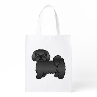 Black Lhasa Apso Cute Cartoon Dog Illustration Grocery Bag