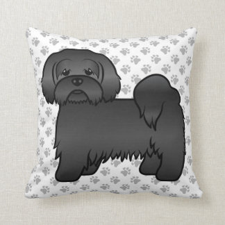Black Lhasa Apso Cute Cartoon Dog &amp; Paws Throw Pillow