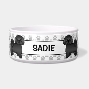 Black Lhasa Apso Cute Dog With Paws & Name Bowl
