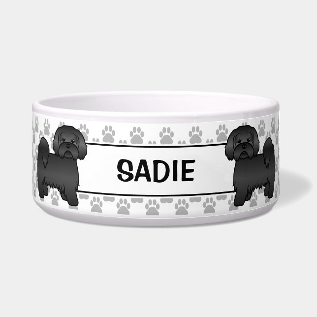 Black Lhasa Apso Cute Dog With Paws & Name Bowl (Front)