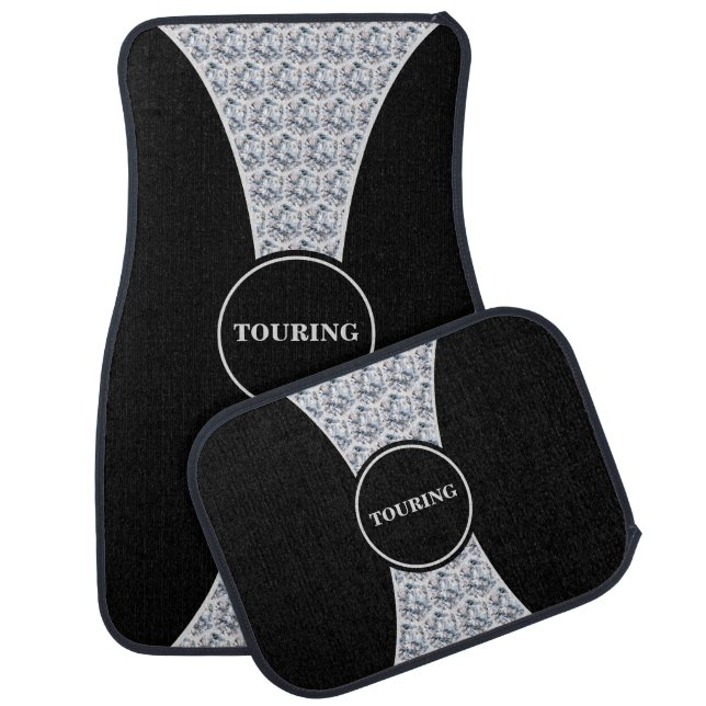 Black & light gray diamond pattern & calligraphy car floor mat (Set)