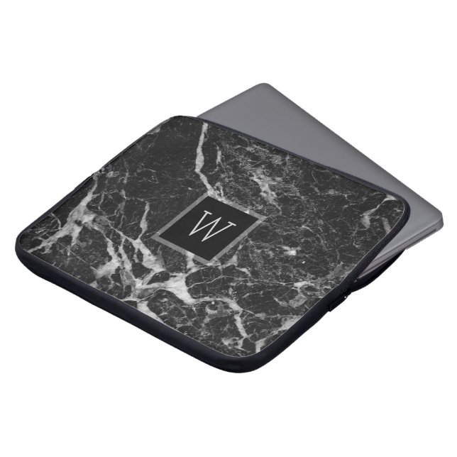 Black & Light Gray Marble Stone Texture Laptop Sleeve (Front Top)