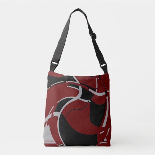 Black Light Gray on Burgundy Swirling Art Design Crossbody Bag