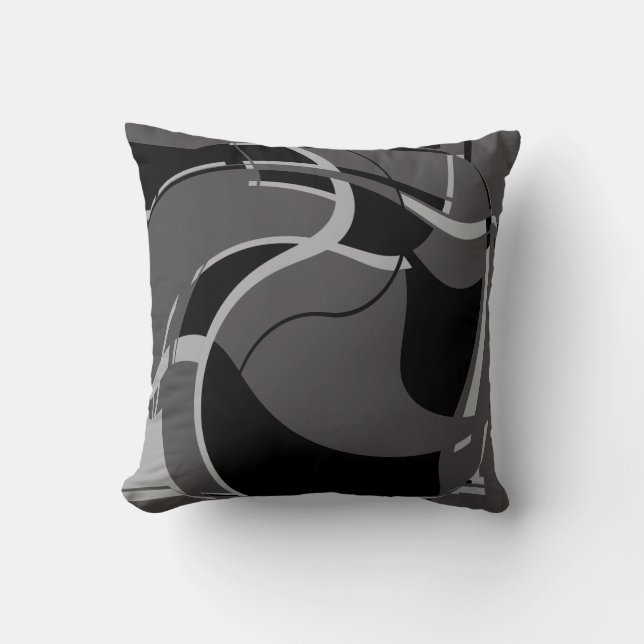 Black Light Gray on Dark Gray Swirling Art Design Throw Pillow (Front)