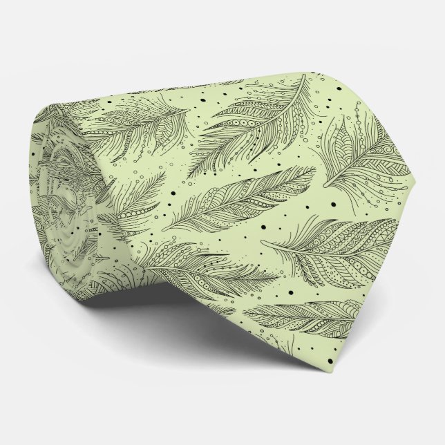 Black light green vintage feather pattern neck tie (Rolled)
