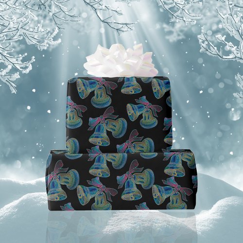 Black Light Neon Christmas Bells Pattern  Wrapping Paper