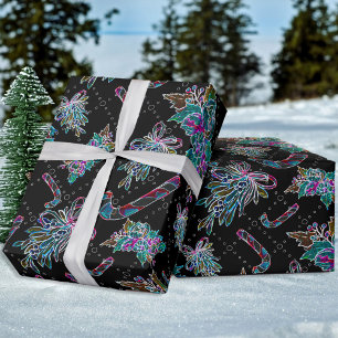Black Light Neon Christmas Candy Cane Pattern Wrapping Paper