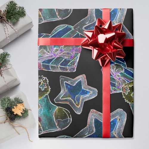 Black Light Neon Christmas Heart Pattern  Wrapping Paper