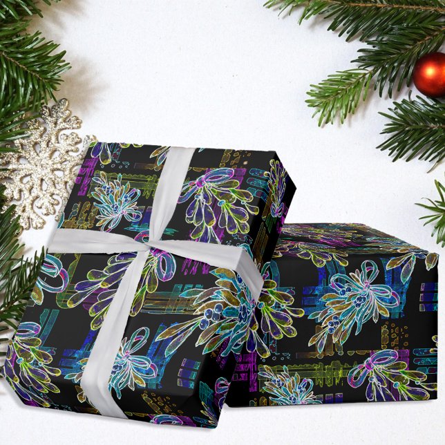 Black Light Neon Christmas Mistletoe Pattern  Wrapping Paper (Creator Uploaded)