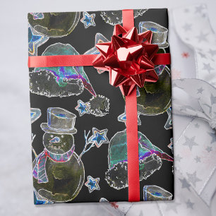Black Light Neon Christmas Snowman Pattern Wrapping Paper