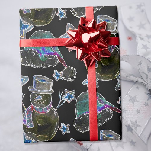 Black Light Neon Christmas Snowman Pattern  Wrapping Paper