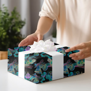 Black Light Neon Glow Xmas Candle Bell Ornament Wrapping Paper