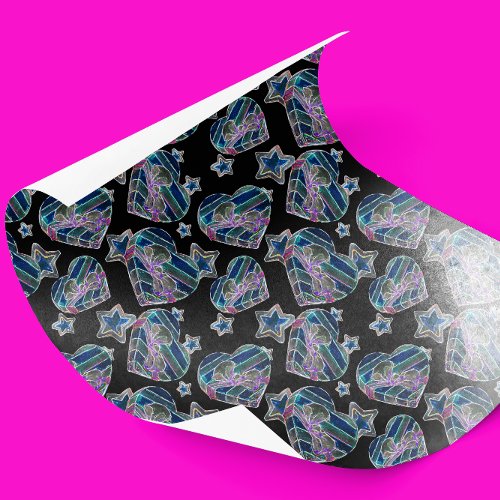 Black Light Neon Glow Xmas Hearts and Stars Tissue Paper