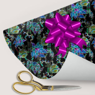 Black Light Neon Glow Xmas Poinsettia Ornament Wrapping Paper
