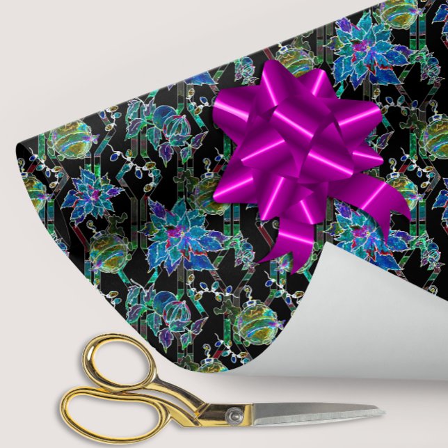 Black Light Neon Glow Xmas Poinsettia Ornament Wrapping Paper (Creator Uploaded)