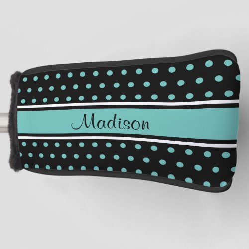 Black Light Teal Polka Dot Stripe Script Name Golf Head Cover