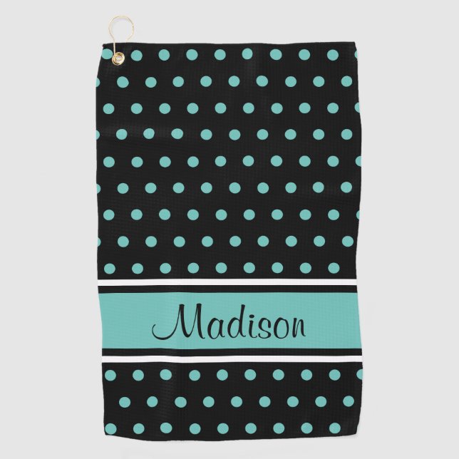 Black Light Teal Polka Dot Stripe Script Name Golf Towel (Front)