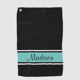 Black Light Teal Stripe Script Name Golf Towel