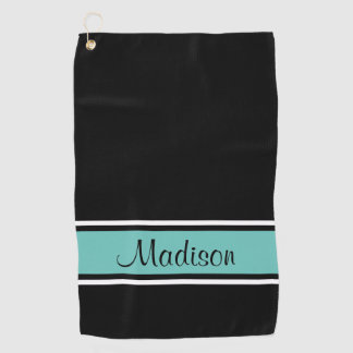 Black Light Teal Stripe Script Name Golf Towel