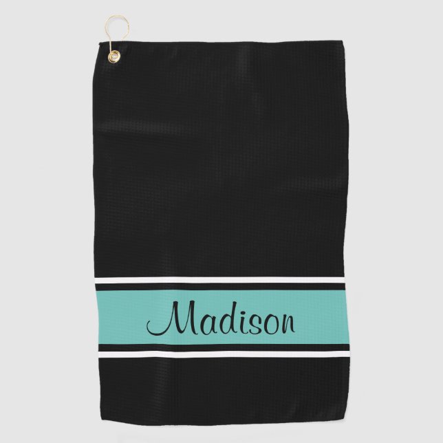 Black Light Teal Stripe Script Name Golf Towel (Front)