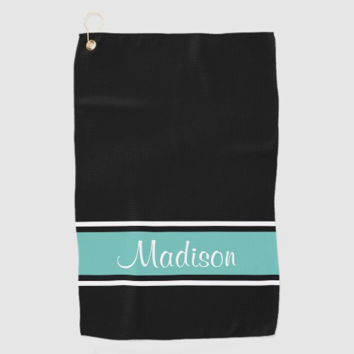 Black Light Teal Stripe Script Name Golf Towel