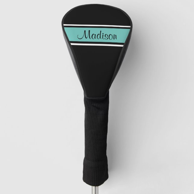 Black Light Teal Stripe Script Name Monogram Golf Head Cover (Front)