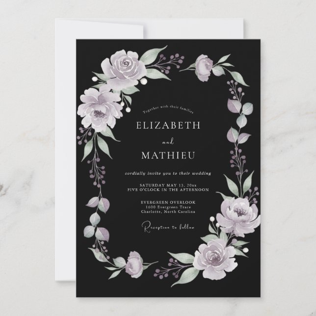 Black Lilac Peony Wedding Invitation (Front)