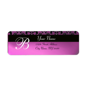 BLACK LILAC PINK PURPLE DAMASK MONOGRAM LABEL