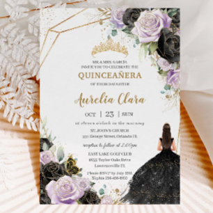 Black Lilac Roses Floral Quinceañera Sweet Sixteen Invitation