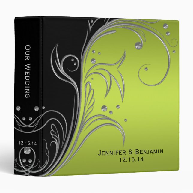Black Lime and Silver Floral Scrolls Photo Album Binder (Front/Spine)