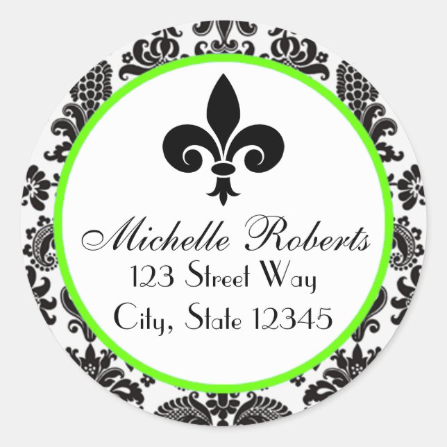 Black & Lime Damask Fleur De Lys Address Label (Front)