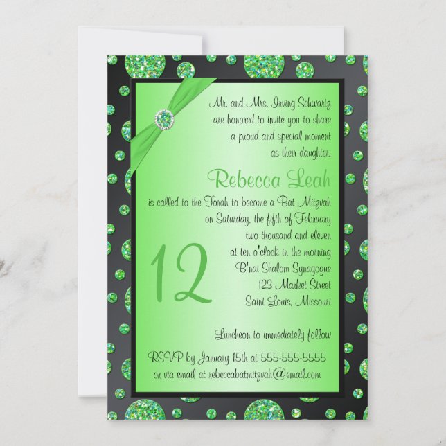 Black, Lime Glittery Polka Dot Bat Mitzvah Invite (Front)