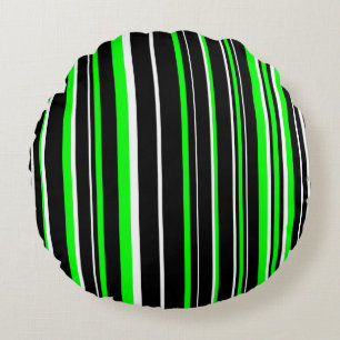 Black, Lime Green, and White Barcode Stripe Round Pillow