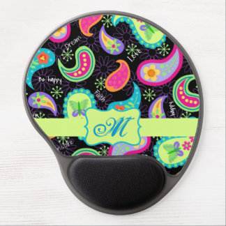 Black Lime Green Modern Paisley Pattern Monogram Gel Mouse Pad