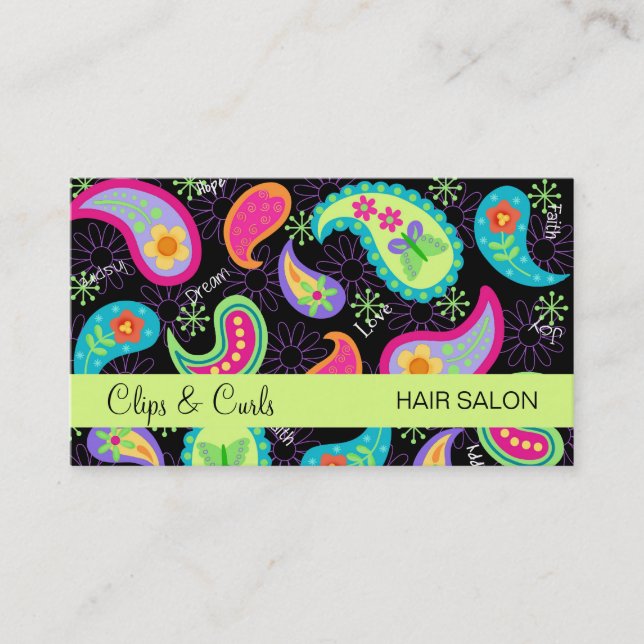 Black Lime Green Modern Paisley Whimsy Pattern Business Card (Front)