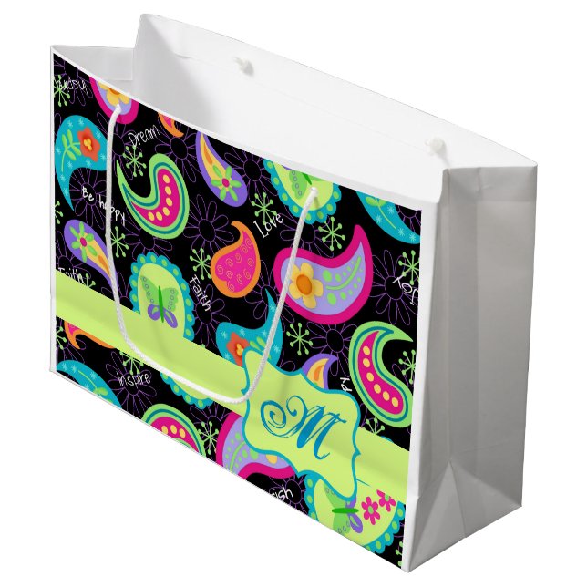 Black Lime Green Monogram Personalized Paisley Large Gift Bag (Front Angled)