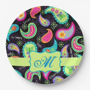 Black Lime Green Monogram Personalized Paisley Paper Plates