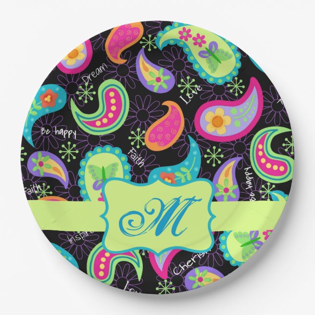 Black Lime Green Monogram Personalized Paisley Paper Plates (Front)