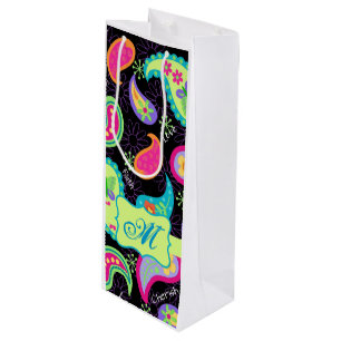 Black Lime Green Monogram Personalized Paisley Wine Gift Bag