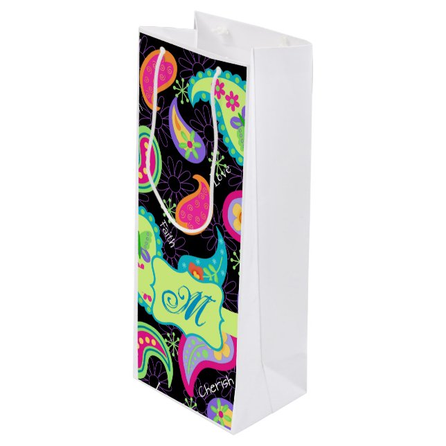 Black Lime Green Monogram Personalized Paisley Wine Gift Bag (Front Angled)