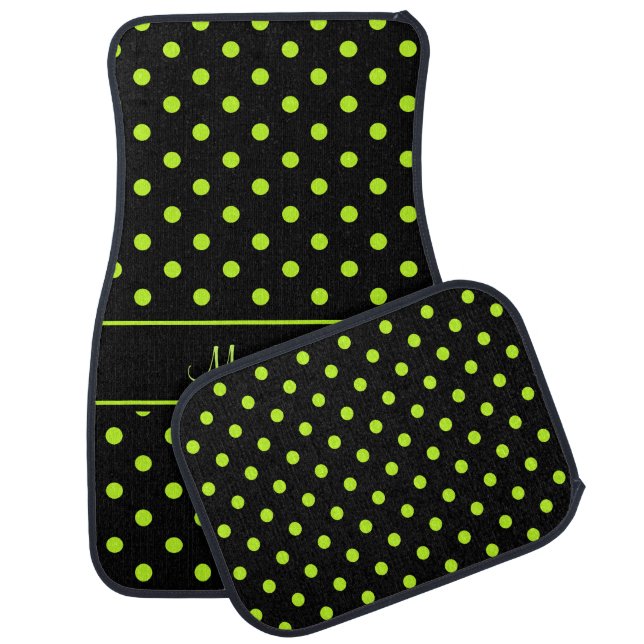 Black Lime Green Polka Dot Pattern Personalized Car Floor Mat (Set)